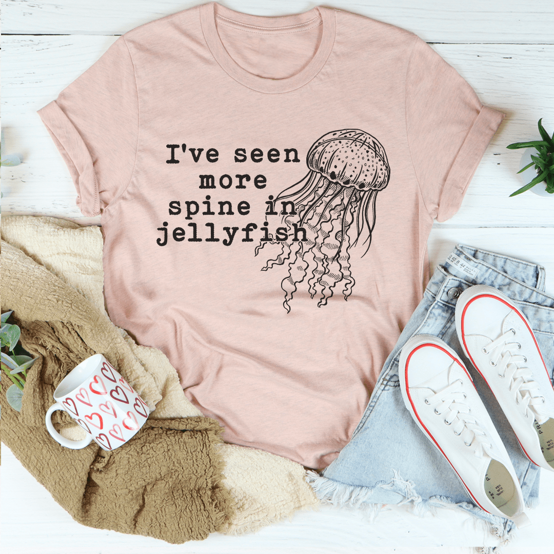 A comfortable and stylish 'I've Seen More Spine In Jellyfish' t-shirt made from soft ring-spun cotton, featuring a unique graphic design.