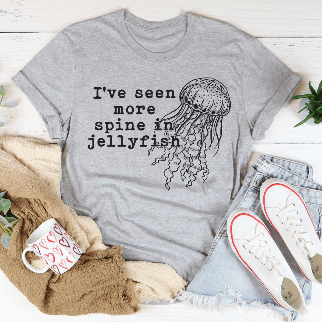 A comfortable and stylish 'I've Seen More Spine In Jellyfish' t-shirt made from soft ring-spun cotton, featuring a unique graphic design.