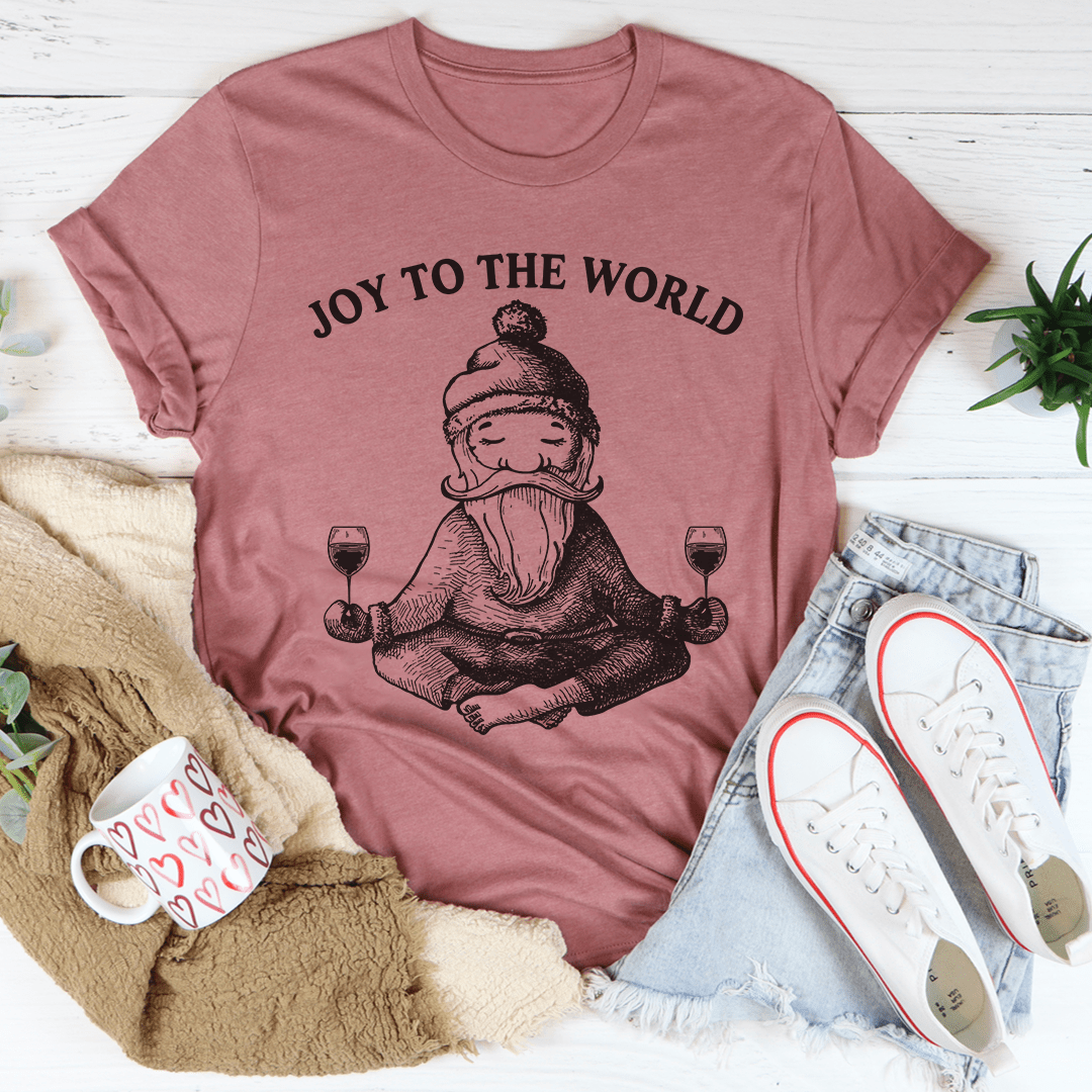 Joy To The World Santa T-Shirt featuring vibrant holiday design on soft cotton fabric.