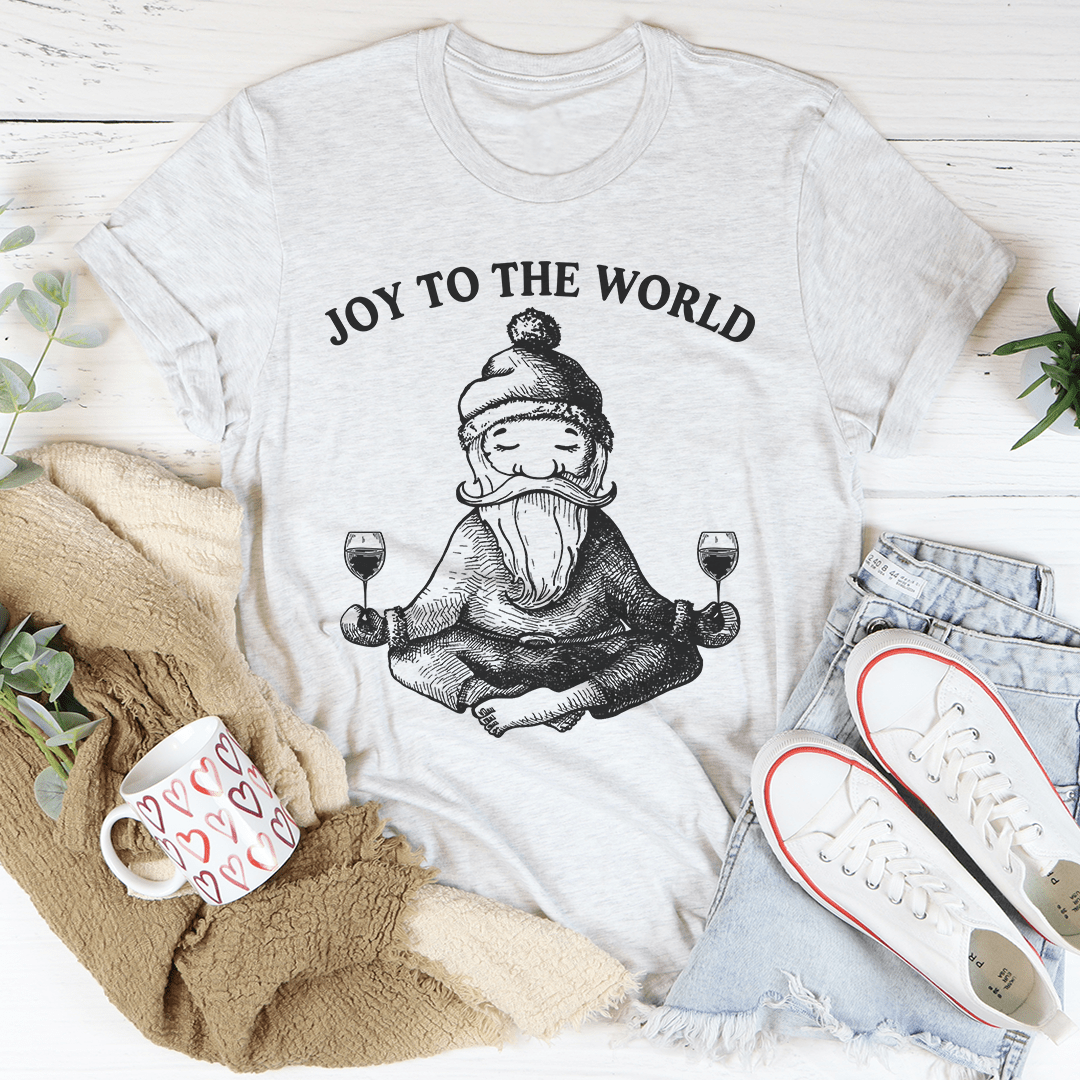 Joy To The World Santa T-Shirt featuring vibrant holiday design on soft cotton fabric.