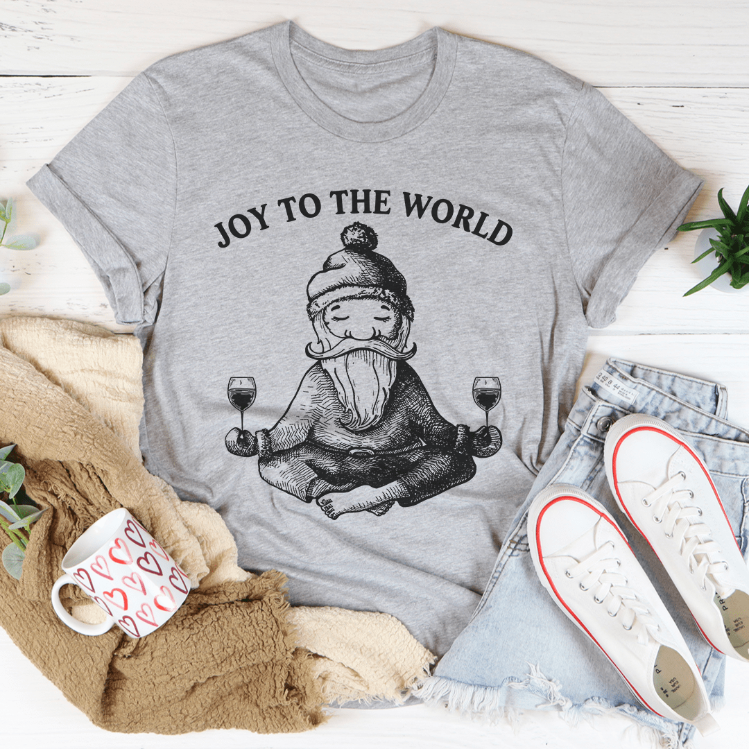 Joy To The World Santa T-Shirt featuring vibrant holiday design on soft cotton fabric.