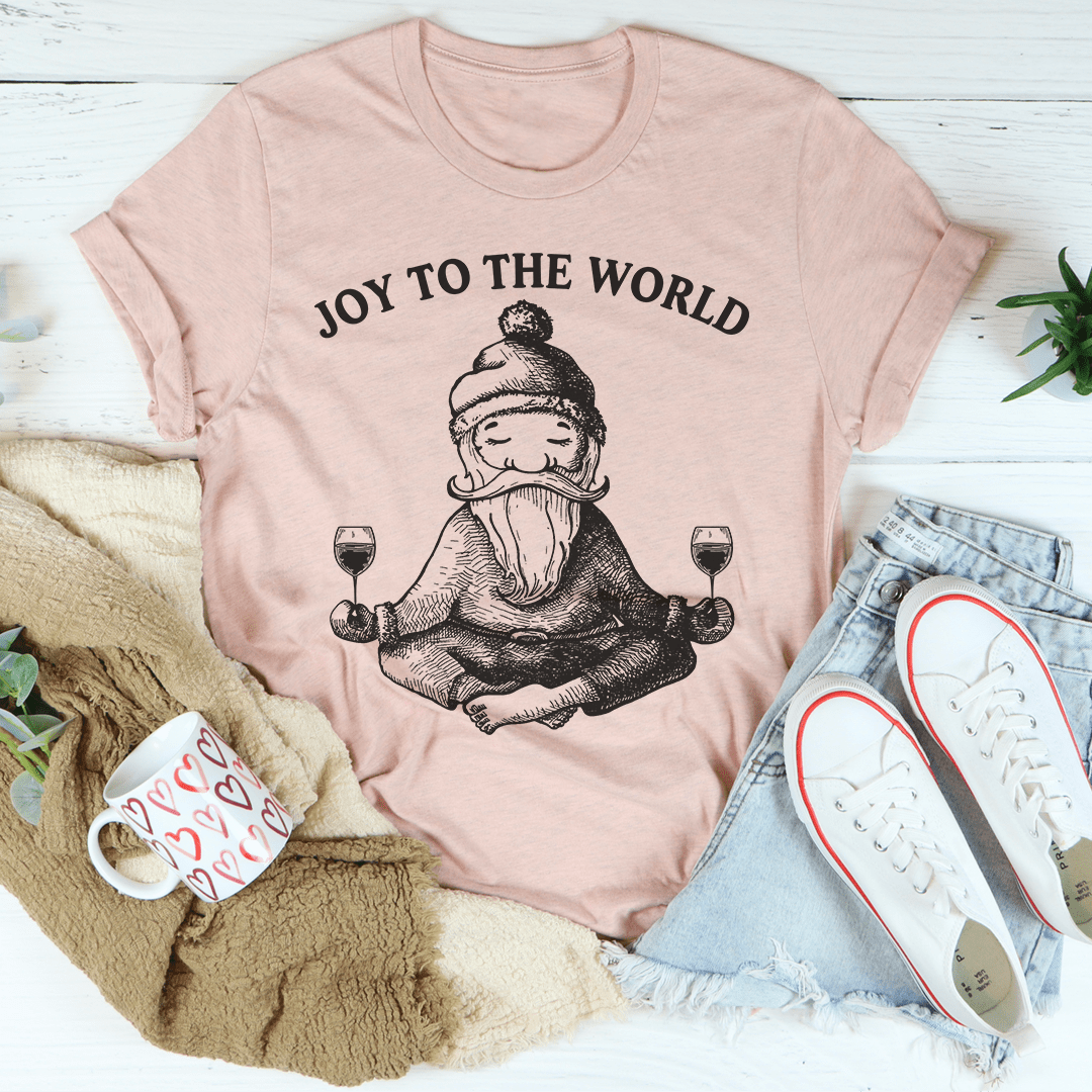 Joy To The World Santa T-Shirt featuring vibrant holiday design on soft cotton fabric.