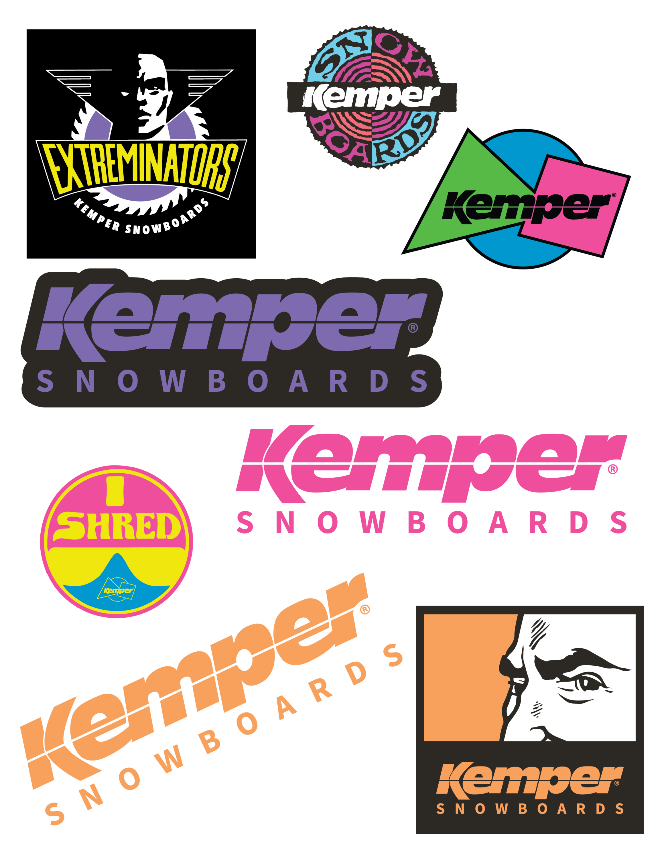 Kemper Snowboards Sticker Pack featuring 24 assorted high-quality stickers for snowboards and gear.