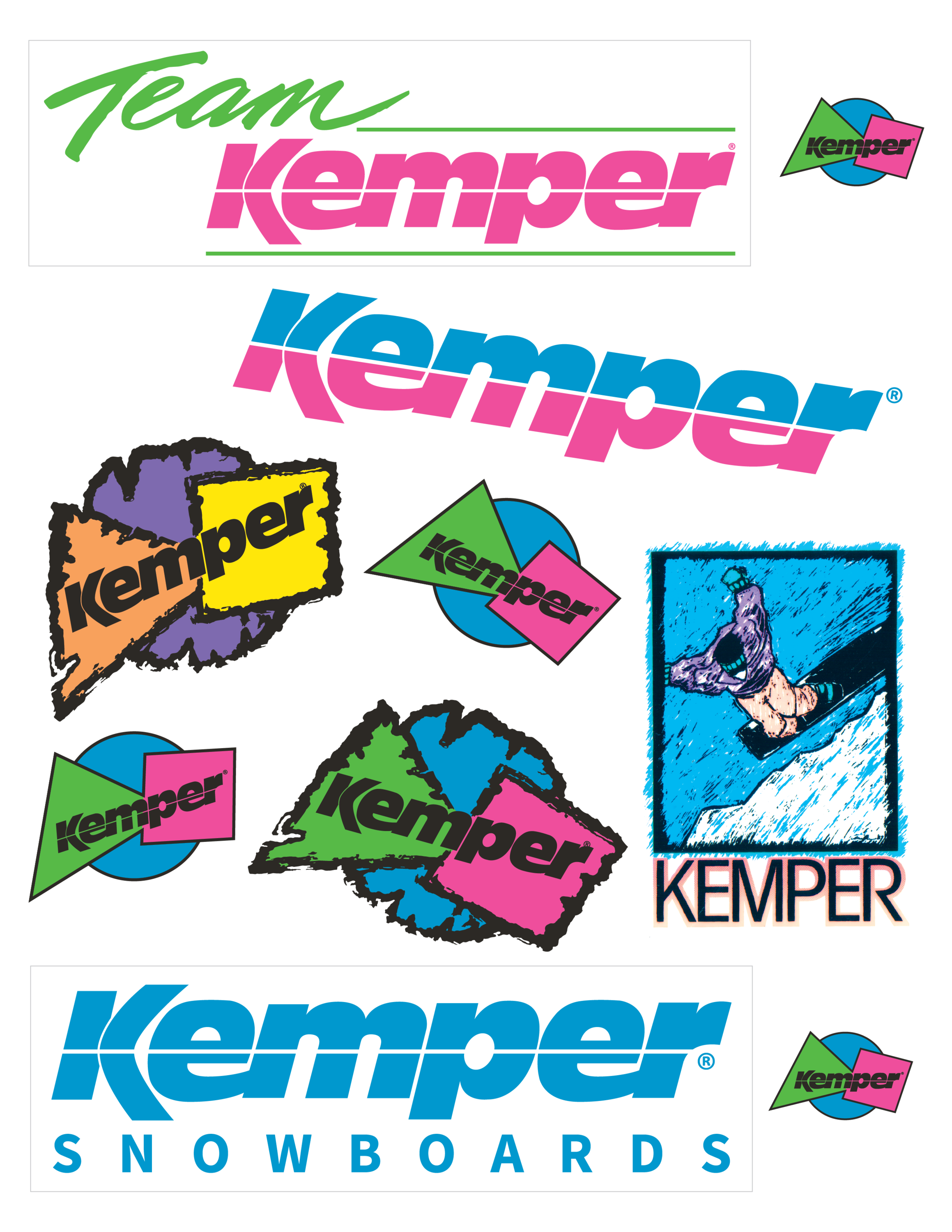 Kemper Snowboards Sticker Pack featuring 24 assorted high-quality stickers for snowboards and gear.