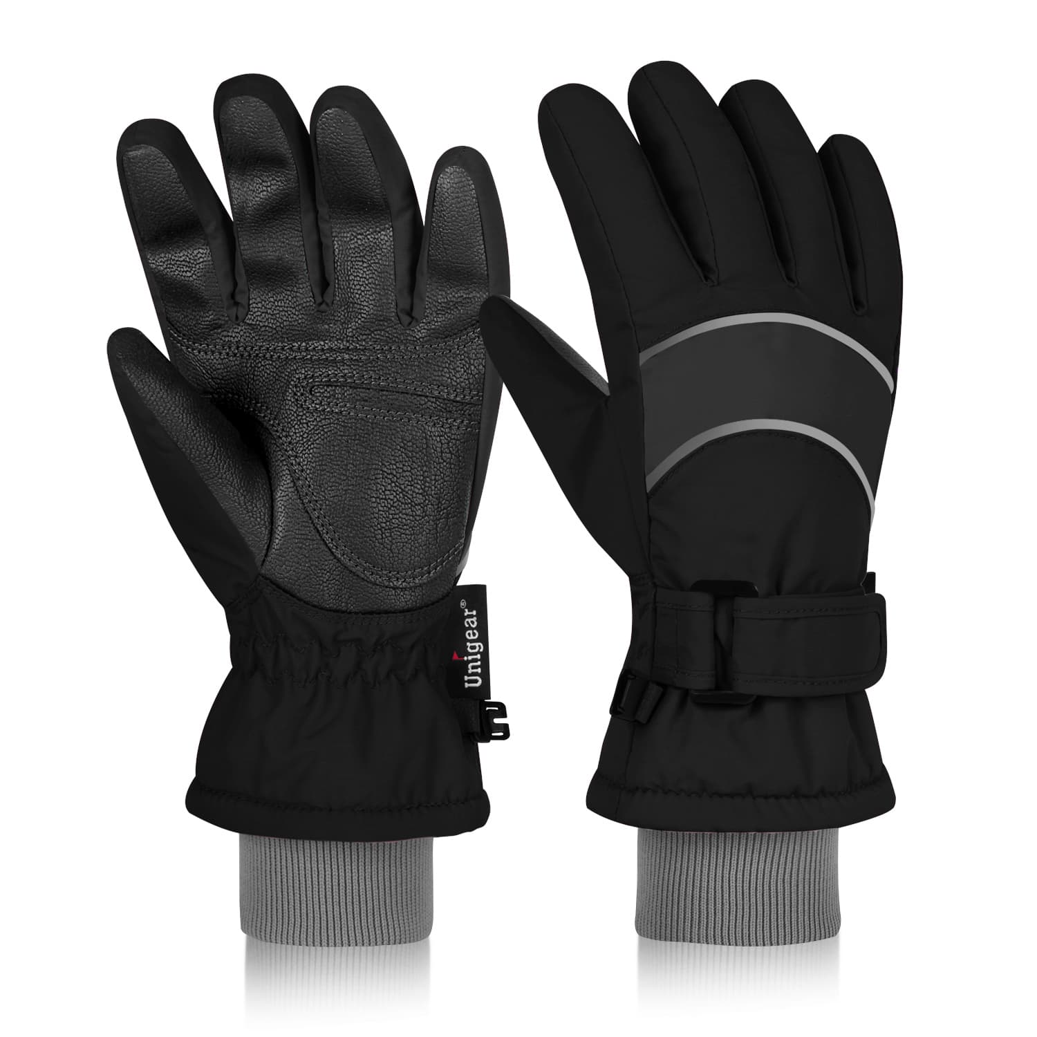 Kid Winter Ski Gloves S4 featuring waterproof nylon fabric, 3M Thinsulate insulation, and durable PU leather palm for enhanced grip and warmth.