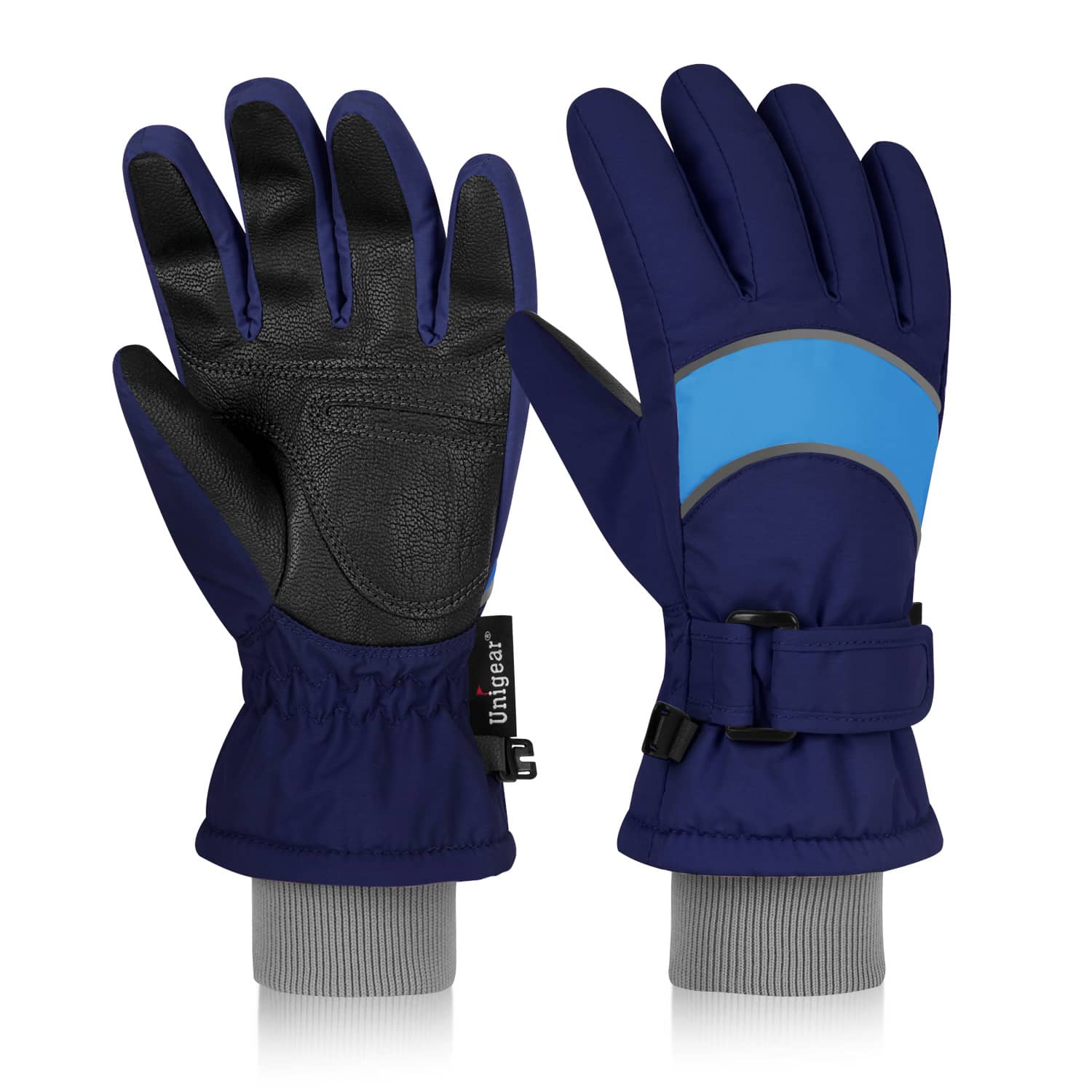 Kid Winter Ski Gloves S4 featuring waterproof nylon fabric, 3M Thinsulate insulation, and durable PU leather palm for enhanced grip and warmth.