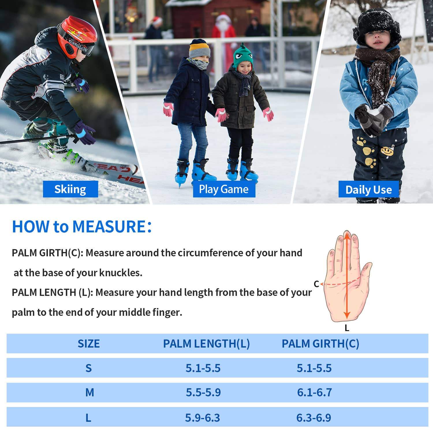 Kid Winter Ski Gloves S4 featuring waterproof nylon fabric, 3M Thinsulate insulation, and durable PU leather palm for enhanced grip and warmth.