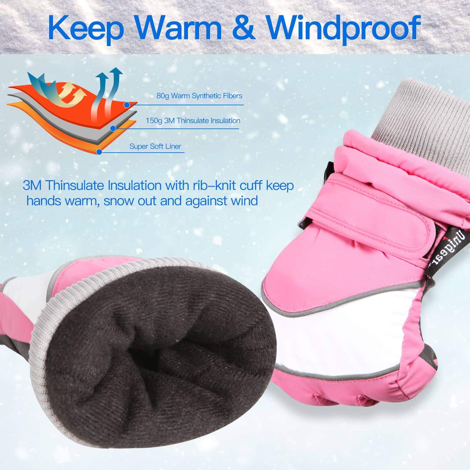 Kid Winter Ski Gloves S4 featuring waterproof nylon fabric, 3M Thinsulate insulation, and durable PU leather palm for enhanced grip and warmth.