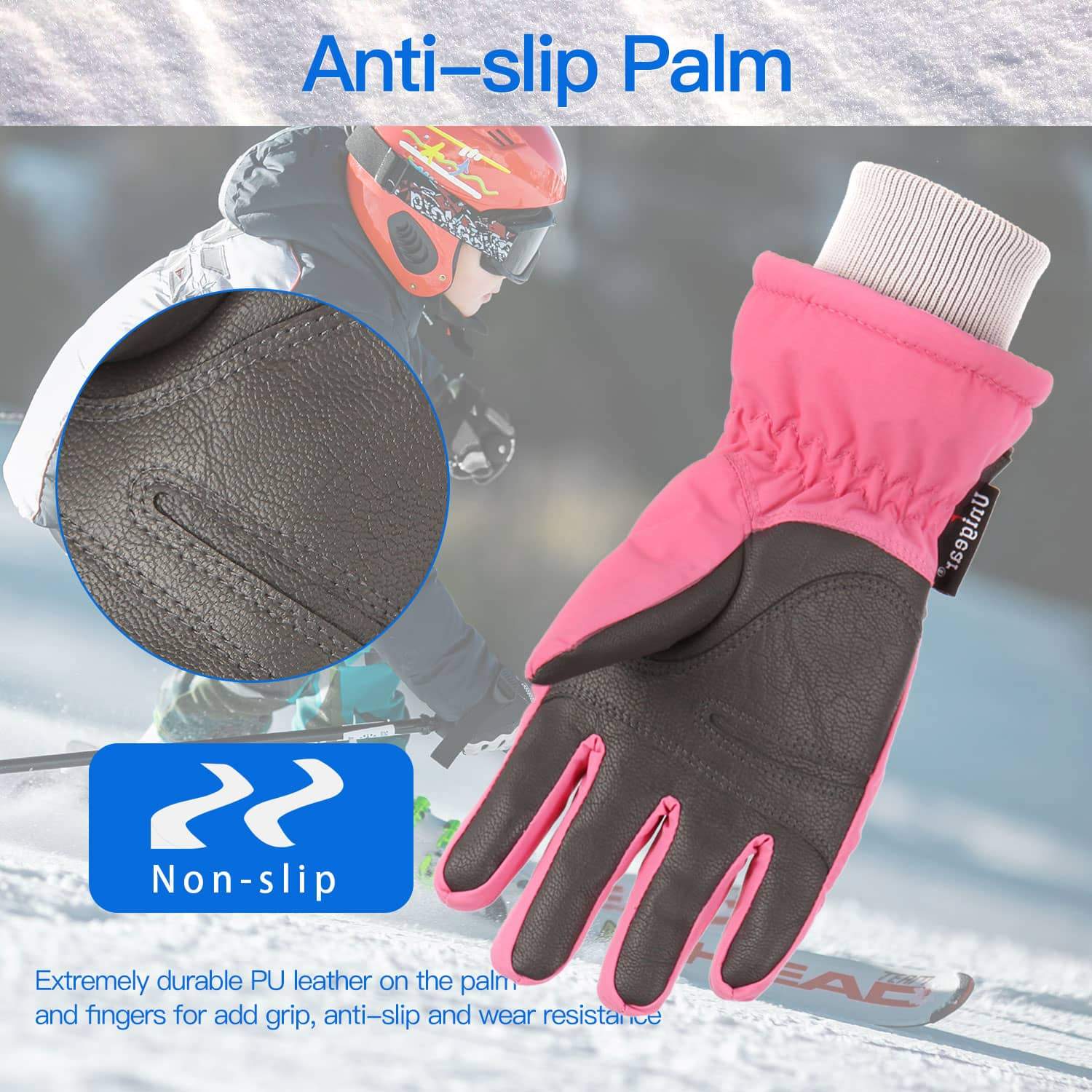 Kid Winter Ski Gloves S4 featuring waterproof nylon fabric, 3M Thinsulate insulation, and durable PU leather palm for enhanced grip and warmth.