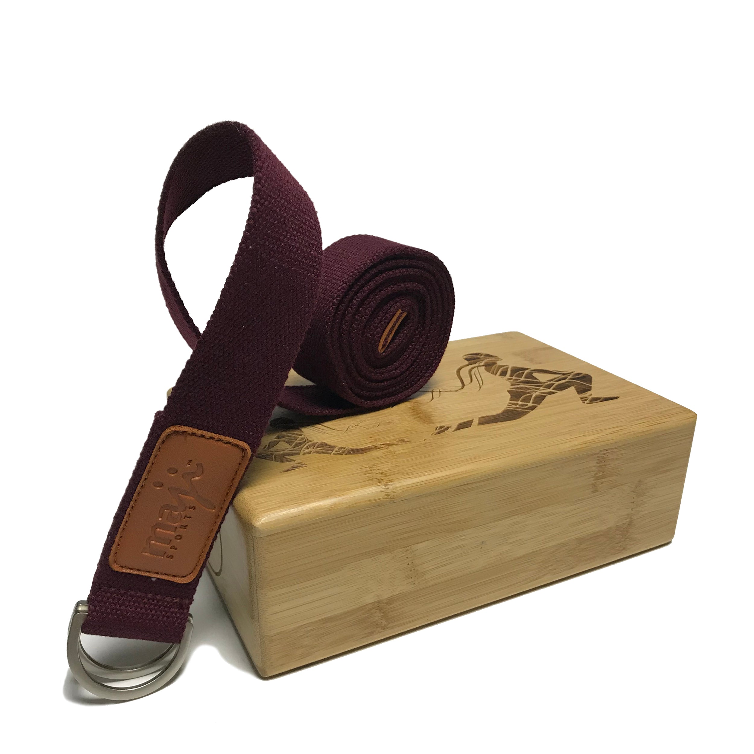 Laser Engraved Bamboo Block and Yoga Strap Combo, showcasing eco-friendly materials and elegant designs for yoga practice.