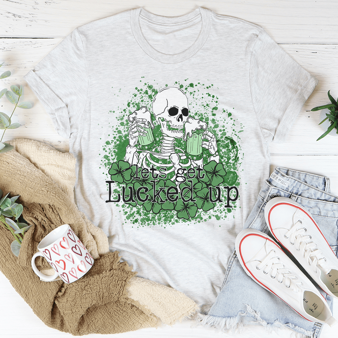 A stylish Let's Get Lucked Up Skull Tee featuring a unique skull design, made from soft ring-spun cotton with durable stitching.