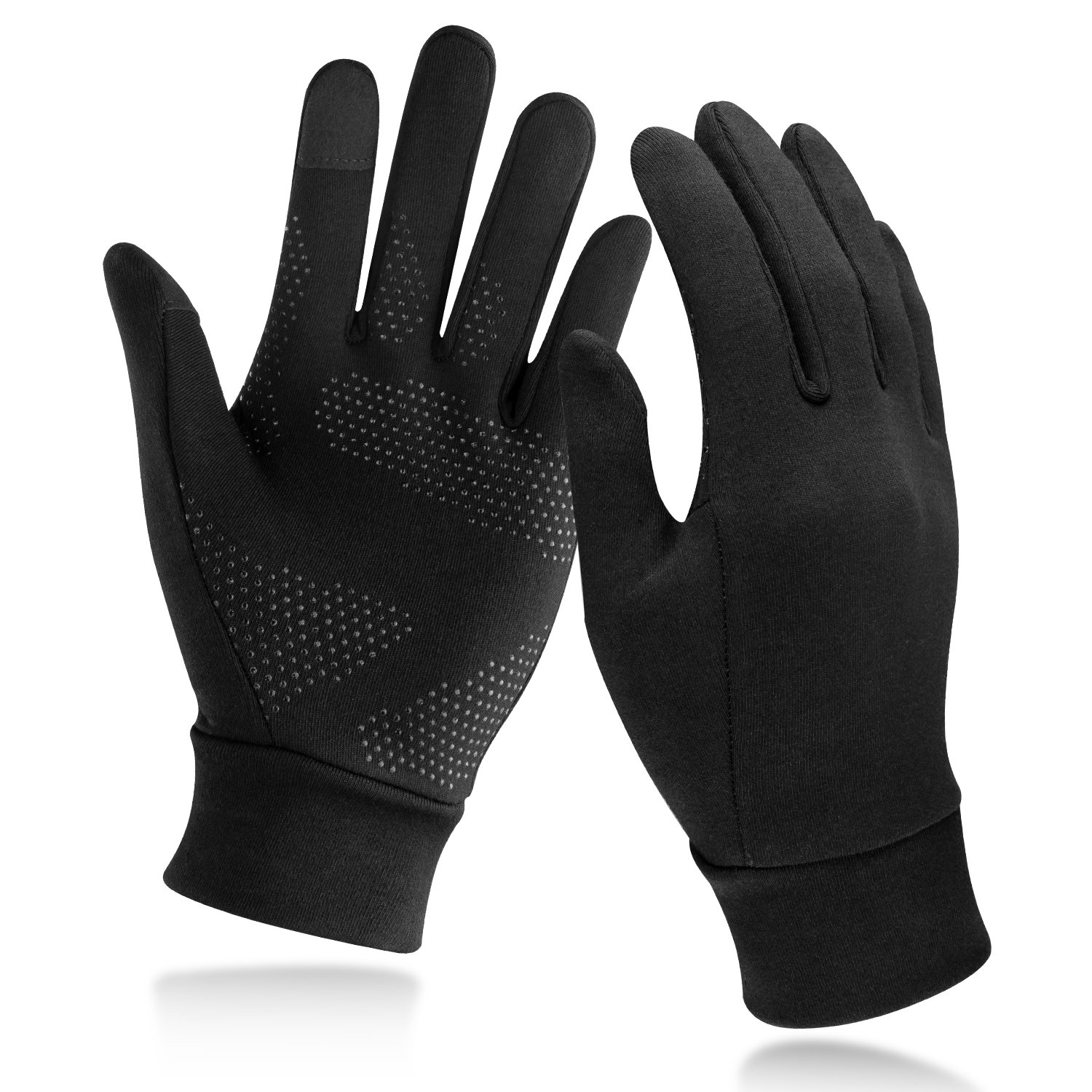 A pair of lightweight running gloves designed for warmth and touchscreen compatibility, featuring anti-slip silicone palms.