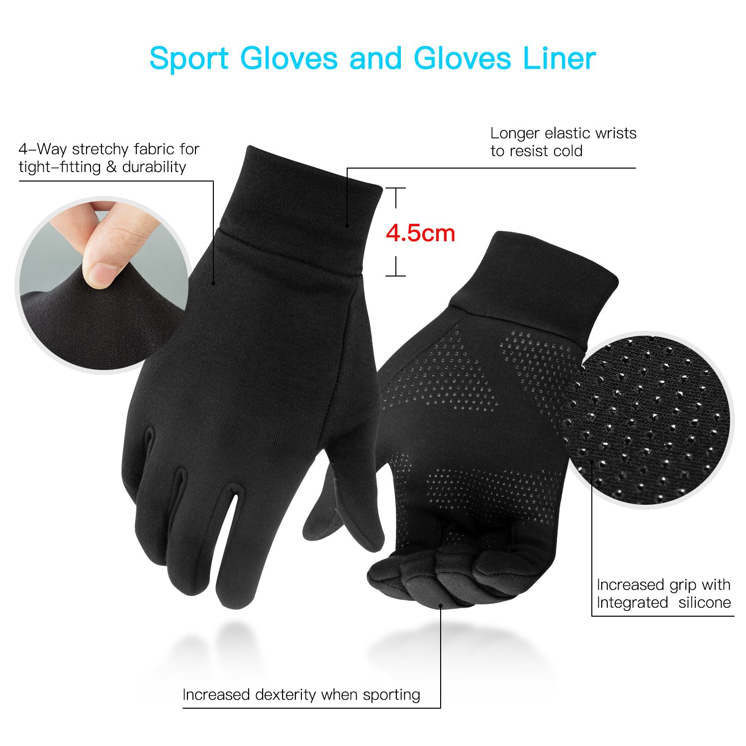 A pair of lightweight running gloves designed for warmth and touchscreen compatibility, featuring anti-slip silicone palms.