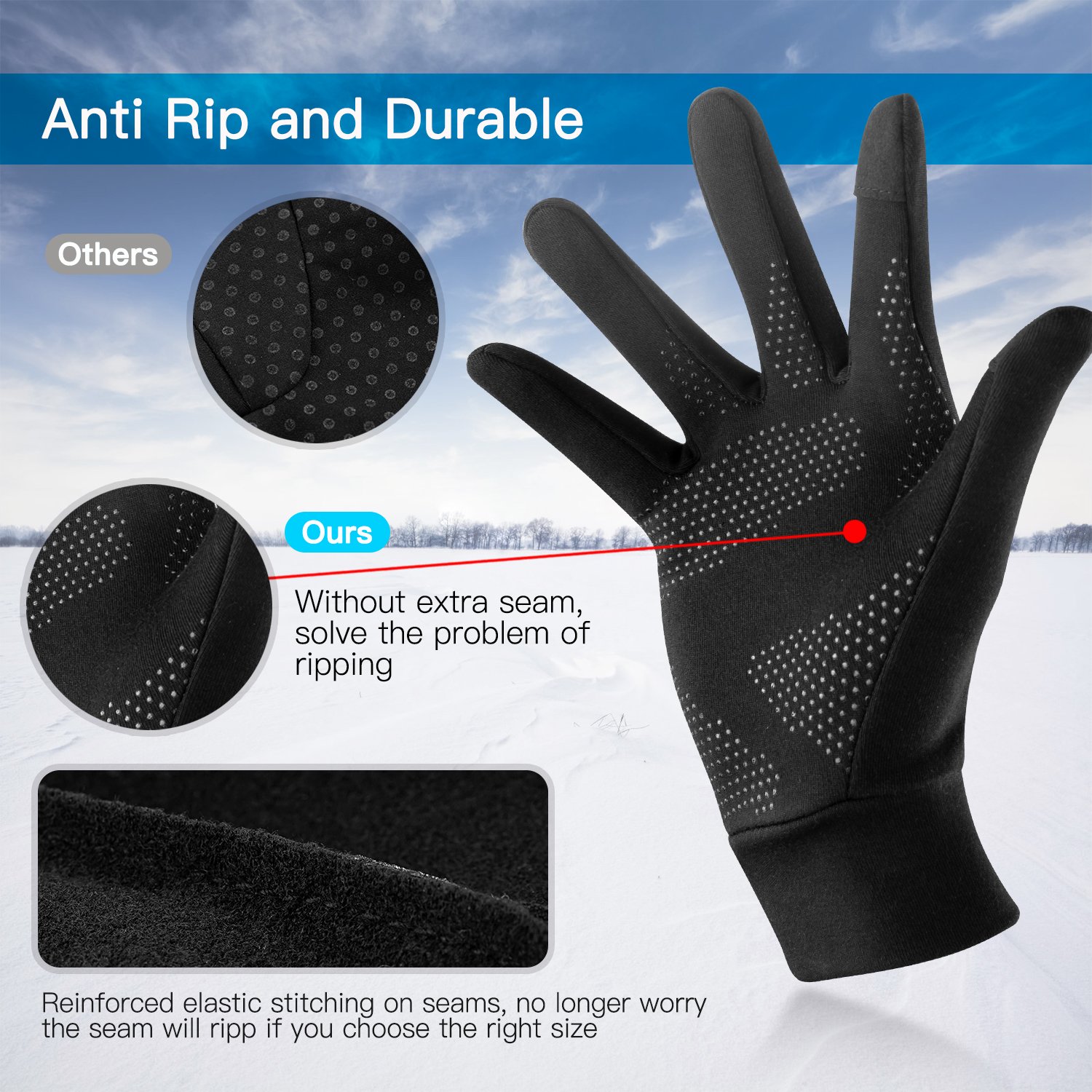 A pair of lightweight running gloves designed for warmth and touchscreen compatibility, featuring anti-slip silicone palms.