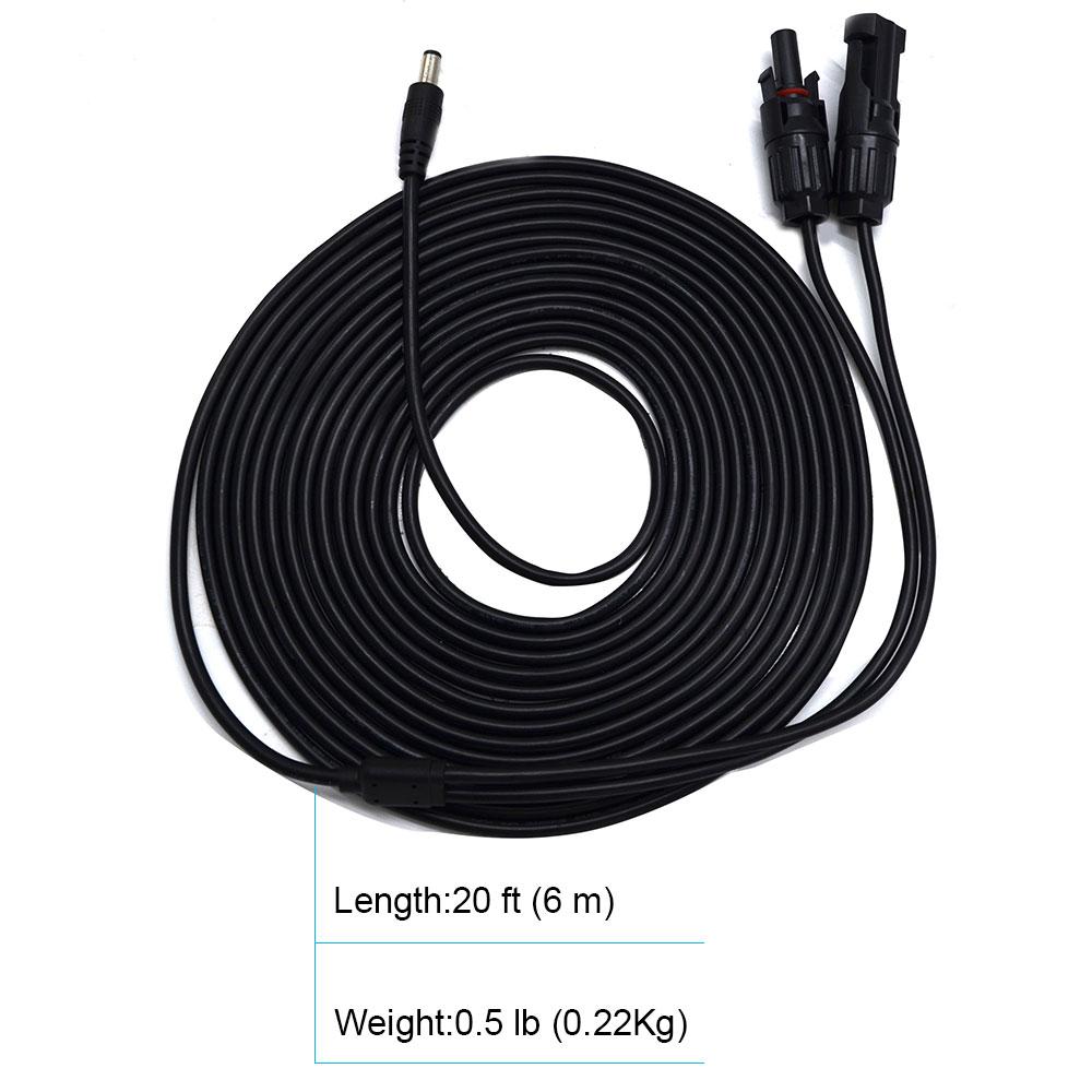 LionCooler PV Solar Panel Cable, 5.5mm x 2.1mm, 20 ft long with connectors for solar charging.