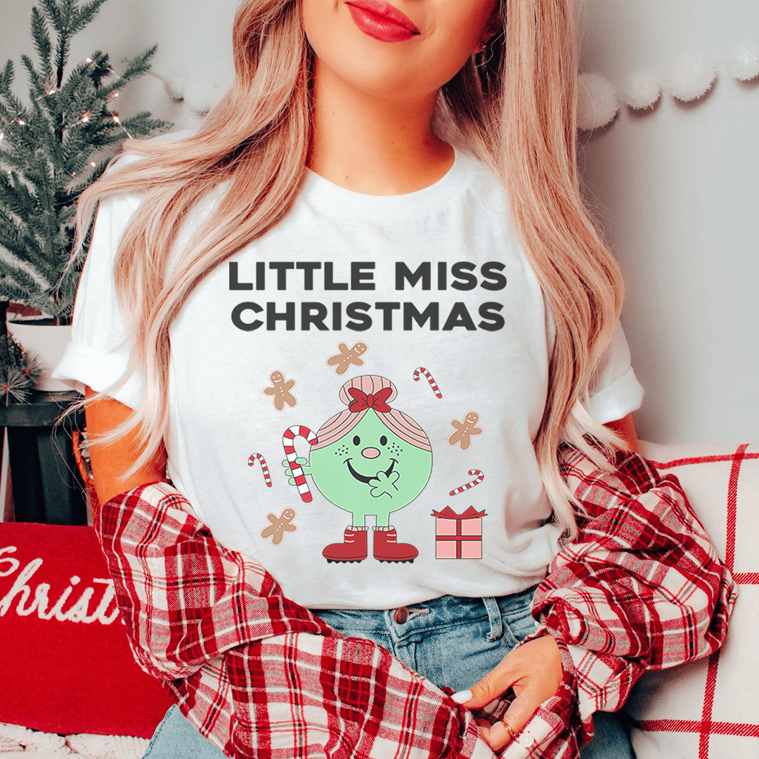 Little Miss Christmas Tee featuring festive design, made from soft ring-spun cotton with double stitching for durability.