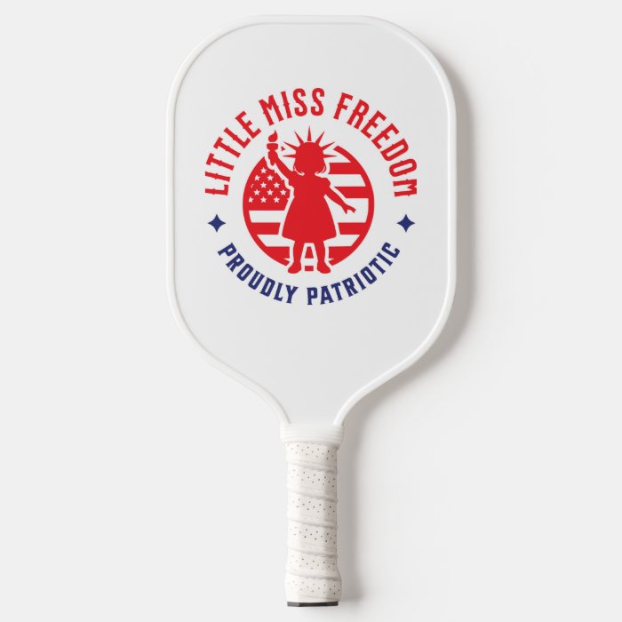 Little Miss Freedom Proudly Patriotic Pickleball Paddle featuring a vibrant patriotic design with a comfortable grip and durable construction.