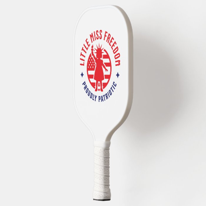 Little Miss Freedom Proudly Patriotic Pickleball Paddle featuring a vibrant patriotic design with a comfortable grip and durable construction.