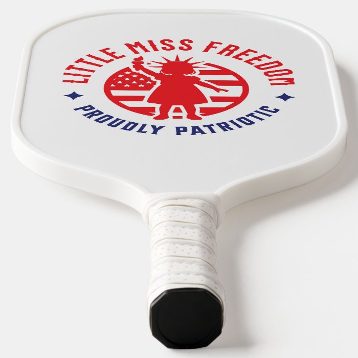 Little Miss Freedom Proudly Patriotic Pickleball Paddle featuring a vibrant patriotic design with a comfortable grip and durable construction.