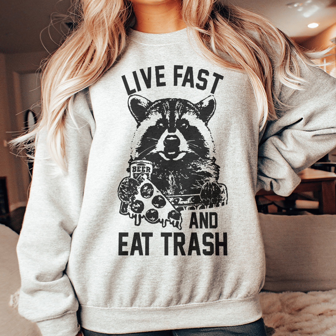 Live Fast And Eat Trash sweats featuring a cozy fleece lining and adjustable cuffs, designed by top artists for ultimate comfort and style.