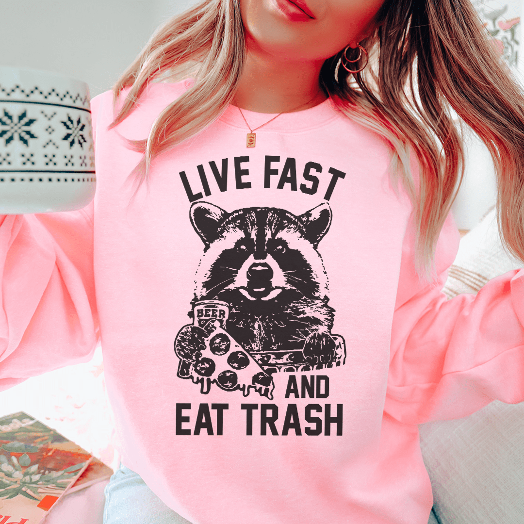 Live Fast And Eat Trash sweats featuring a cozy fleece lining and adjustable cuffs, designed by top artists for ultimate comfort and style.