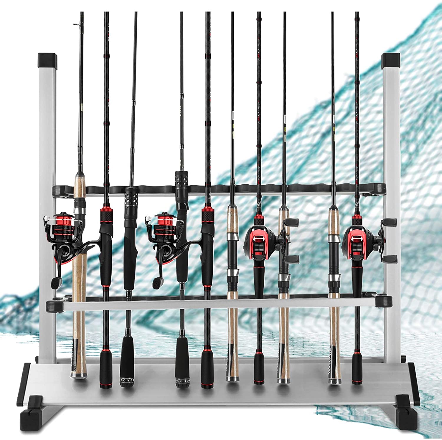 LUXHMOX Fishing Rod Rack Holder designed to hold 24 fishing rods with reels attached, featuring a sturdy aluminum construction.