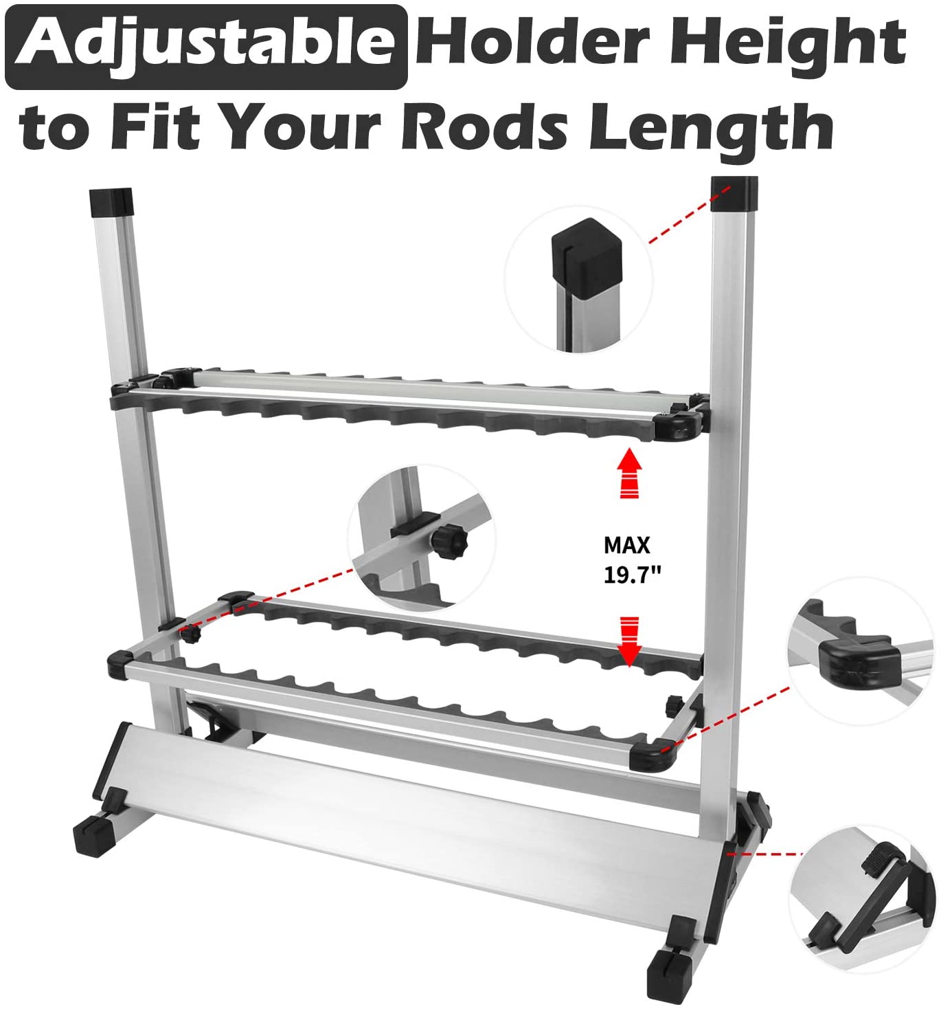 LUXHMOX Fishing Rod Rack Holder designed to hold 24 fishing rods with reels attached, featuring a sturdy aluminum construction.