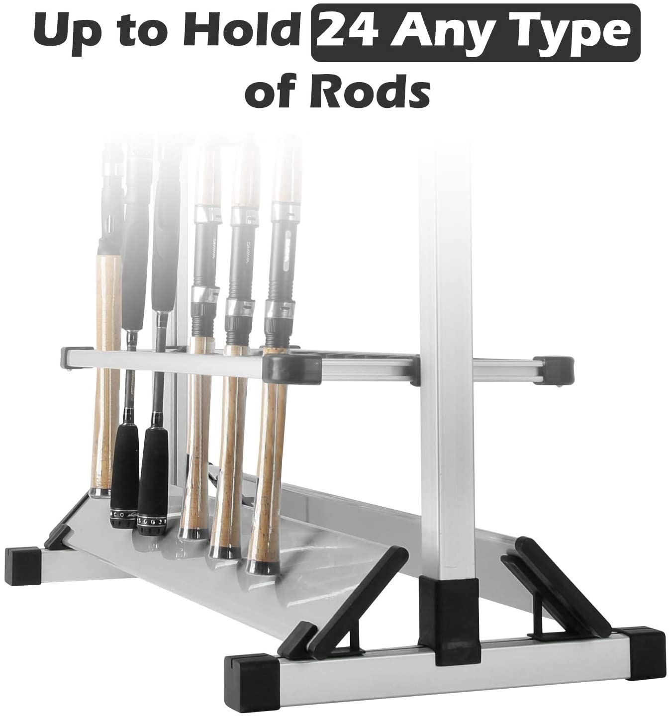 LUXHMOX Fishing Rod Rack Holder designed to hold 24 fishing rods with reels attached, featuring a sturdy aluminum construction.