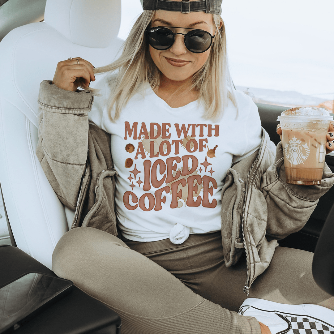 A stylish t-shirt featuring a fun iced coffee design, made from soft ring-spun cotton with durable stitching.