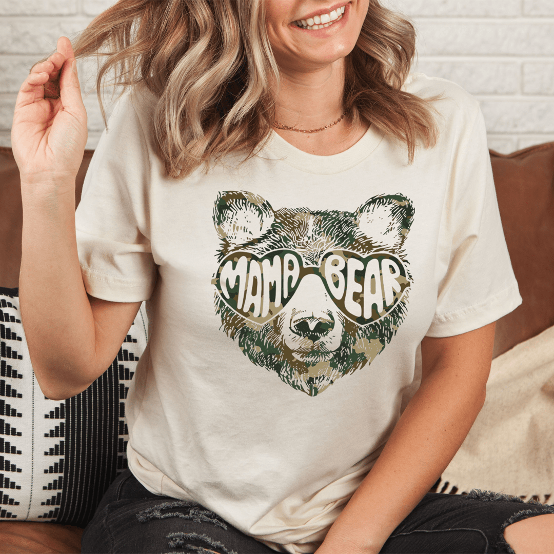 Mama Bear Camo Tee featuring a stylish camo pattern, made from soft ring-spun cotton with durable stitching.