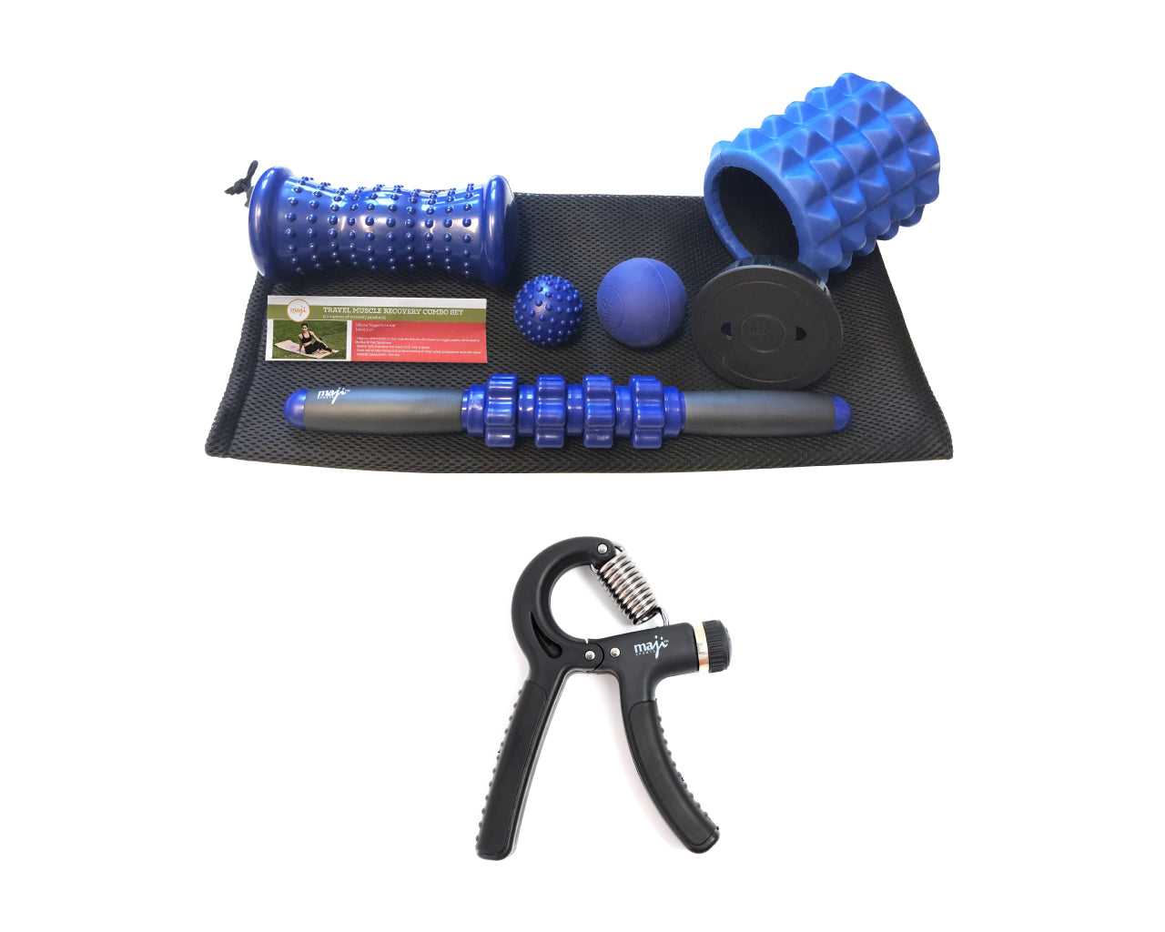 Max Recovery & Grip Strength bundle including silicone trigger point ball, deep tissue roller stick, foot massagers, mini travel foam roller, and adjustable handgrip.