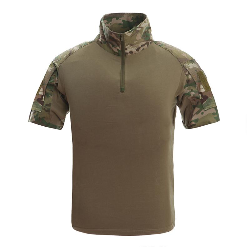 Men's camouflage tactical t-shirt featuring short sleeves and a turn-down collar, ideal for summer airsoft and military activities.