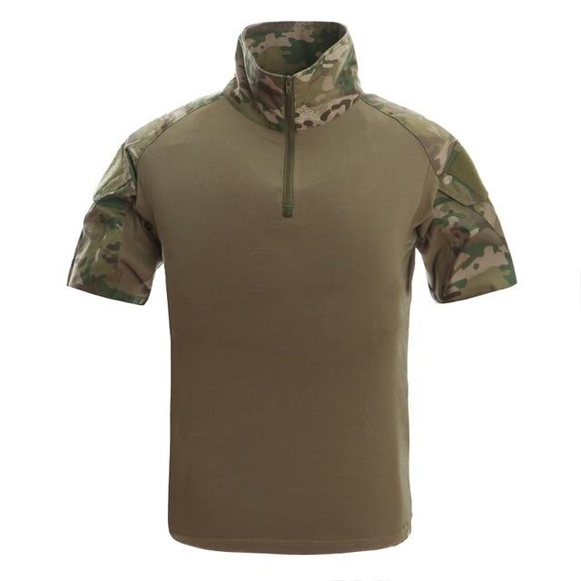 Men's camouflage tactical t-shirt featuring short sleeves and a turn-down collar, ideal for summer airsoft and military activities.