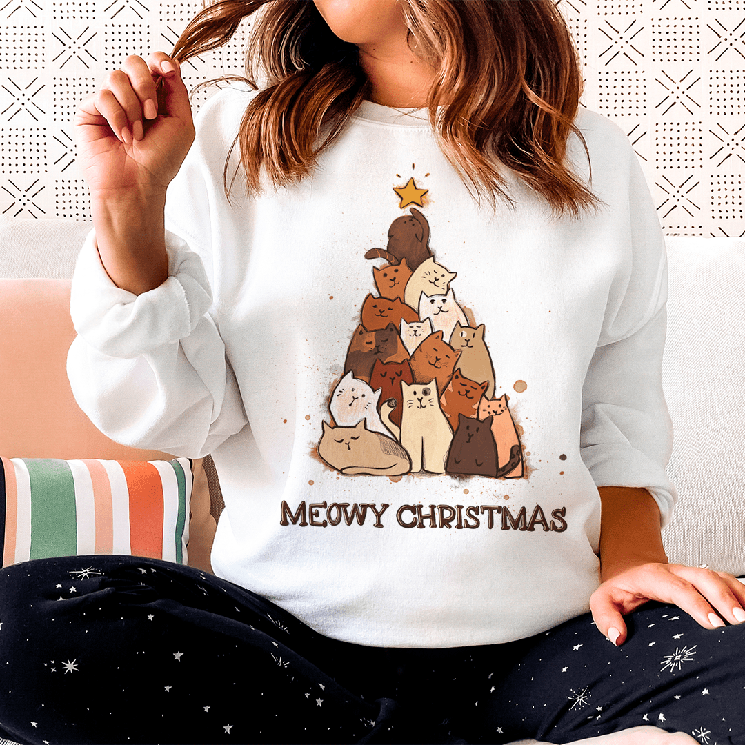 Cozy Meowy Christmas sweatshirt featuring a festive cat design, perfect for holiday celebrations.