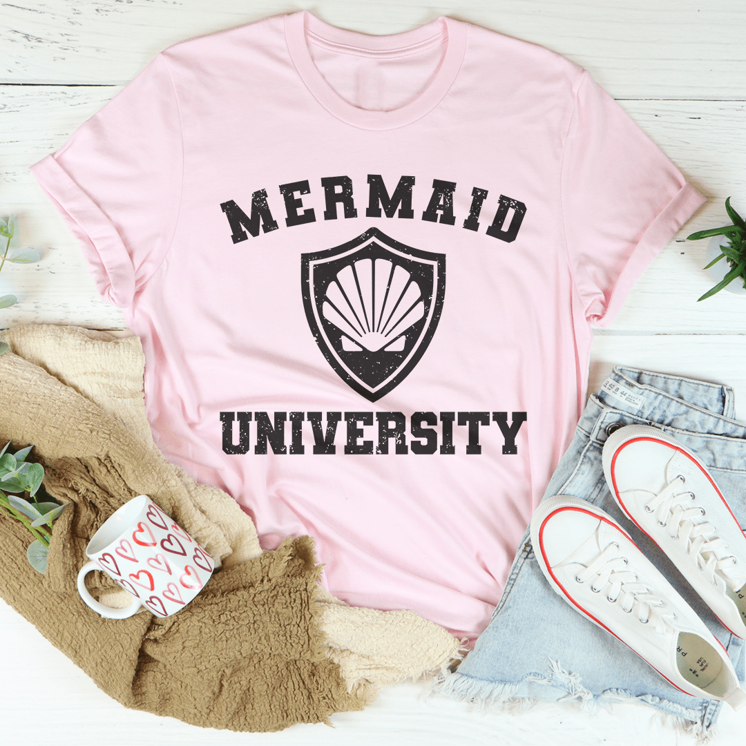 A stylish Mermaid University Tee made from soft ring-spun cotton, featuring double stitching for durability and vibrant DTG printed design.