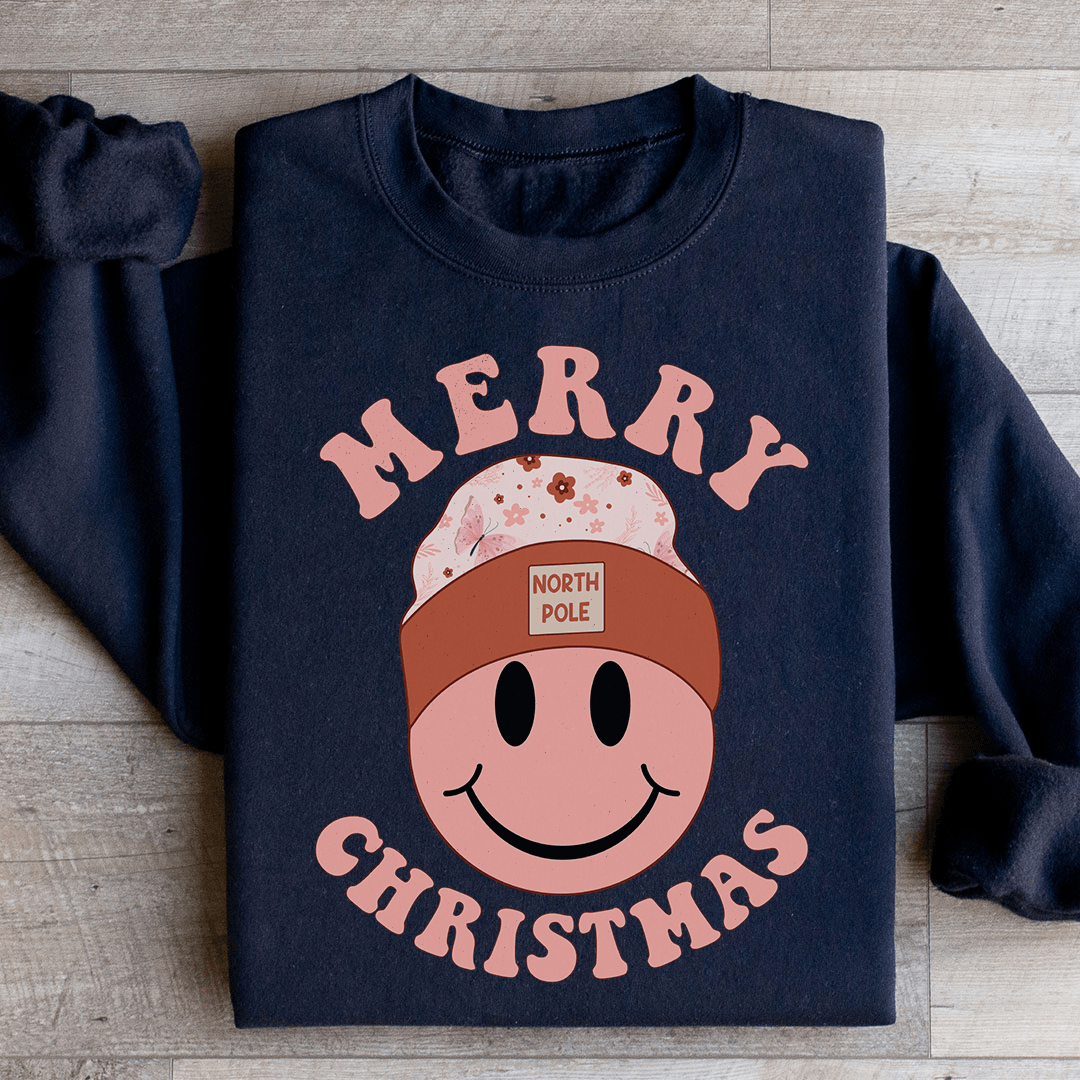 Merry Christmas Smiley hoodie featuring a cheerful design, cozy fleece lining, and adjustable cuffs, perfect for the holiday season.