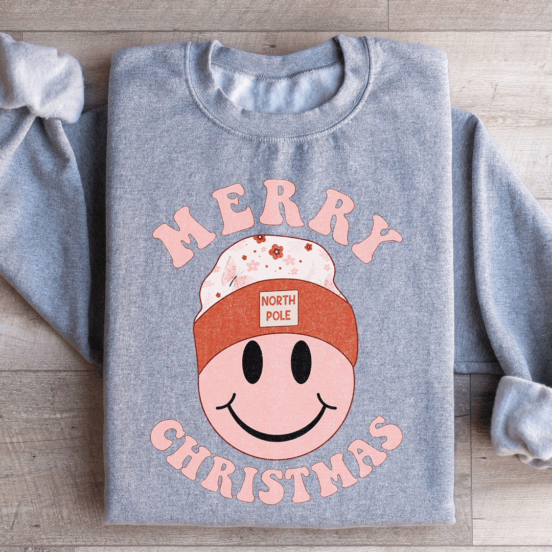 Merry Christmas Smiley hoodie featuring a cheerful design, cozy fleece lining, and adjustable cuffs, perfect for the holiday season.