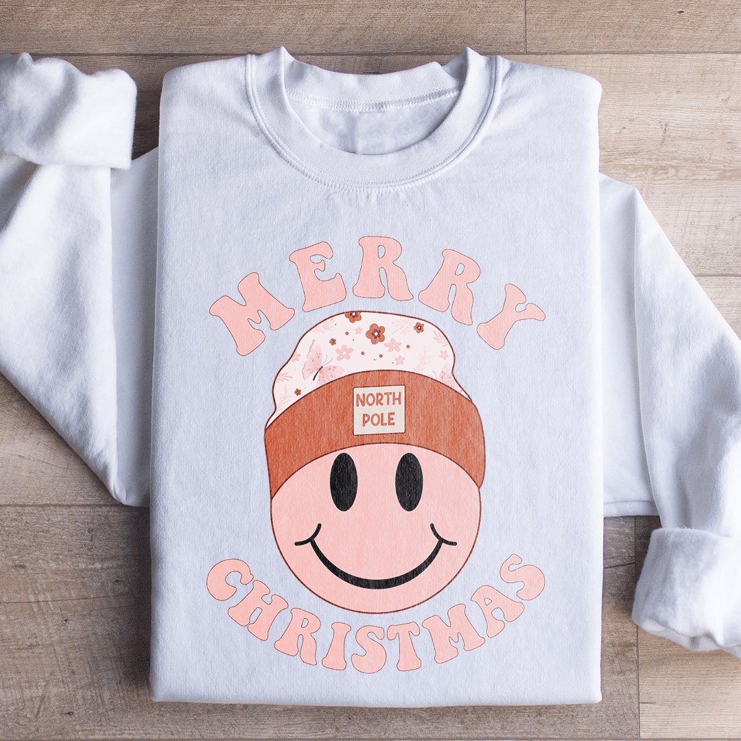 Merry Christmas Smiley hoodie featuring a cheerful design, cozy fleece lining, and adjustable cuffs, perfect for the holiday season.