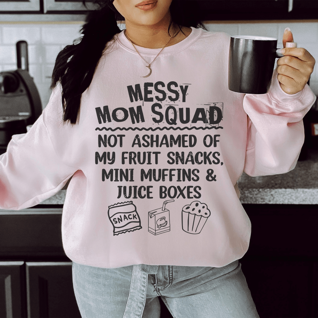 Cozy Messy Mom Squad sweats featuring unique designs by top artists, made from a soft cotton/poly fleece blend.