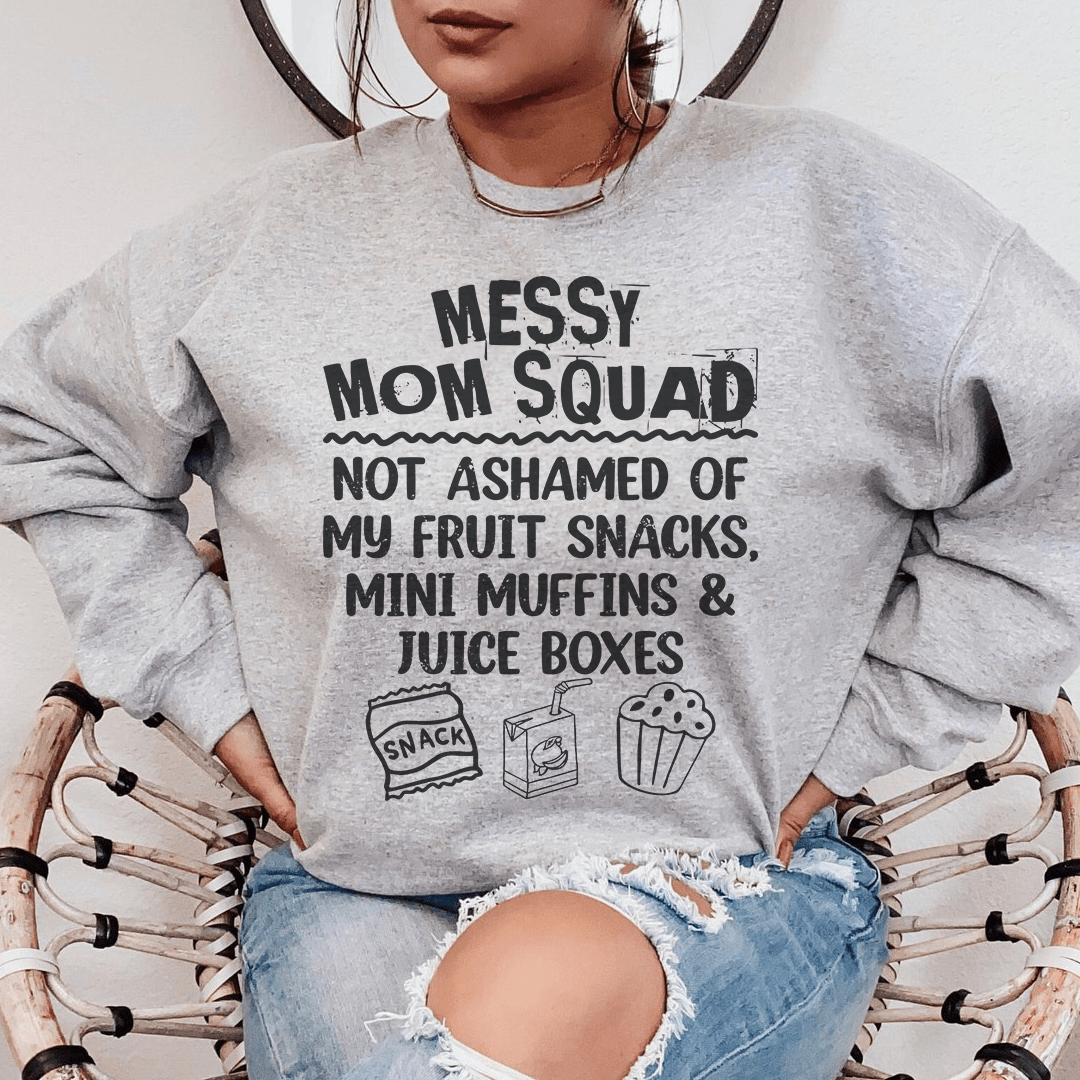 Cozy Messy Mom Squad sweats featuring unique designs by top artists, made from a soft cotton/poly fleece blend.