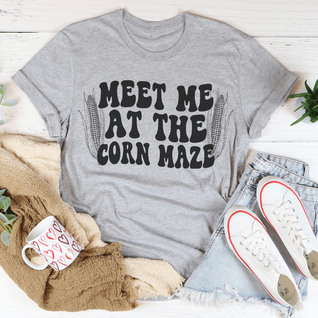 A stylish Meet Me At The Corn Maze Tee made from soft ring-spun cotton, featuring double stitching for durability and vibrant DTG printing.