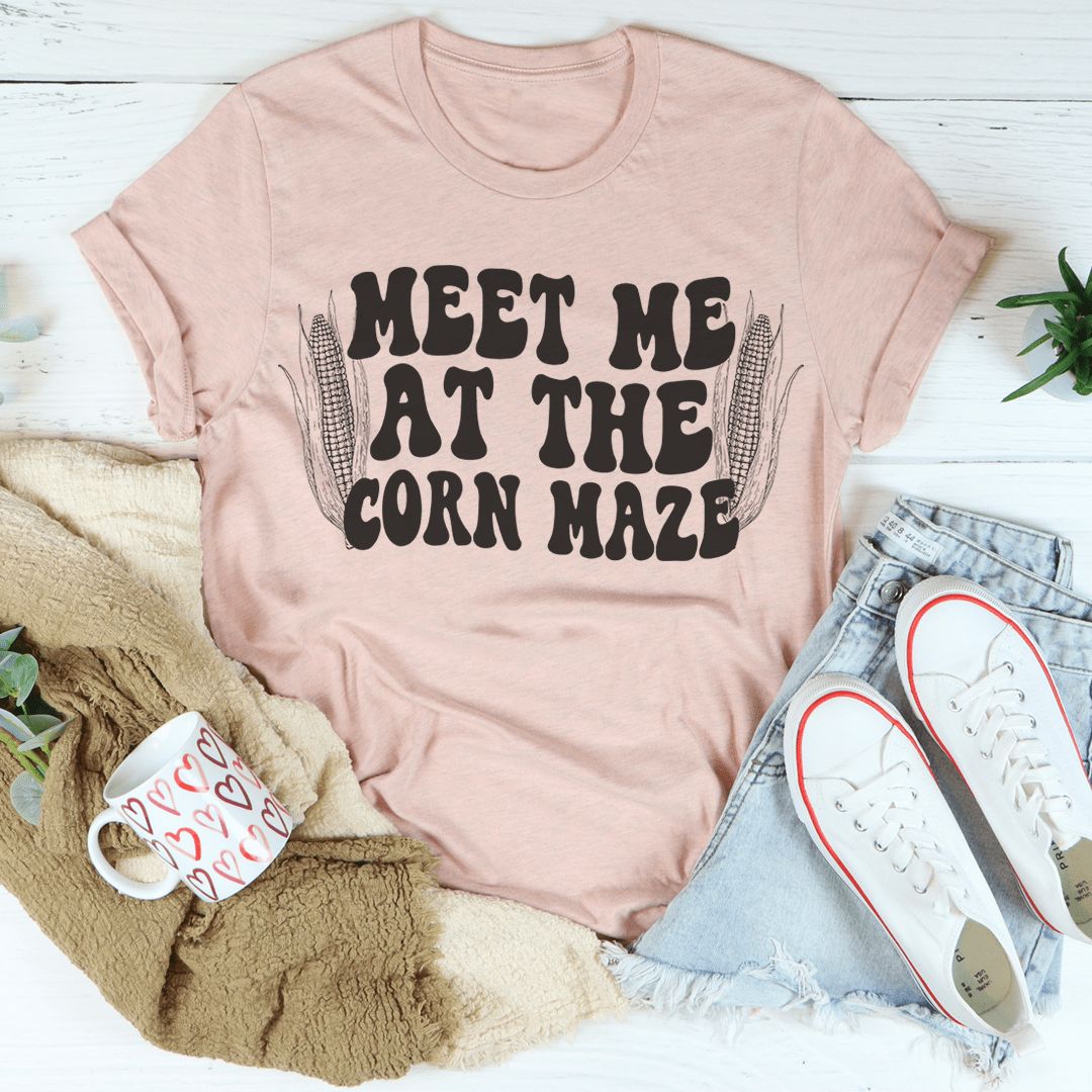 A stylish Meet Me At The Corn Maze Tee made from soft ring-spun cotton, featuring double stitching for durability and vibrant DTG printing.