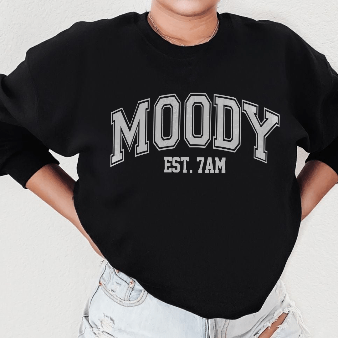 Moody Est. 7am sweats featuring unique designs by top artists, made from soft cotton/poly fleece blend.