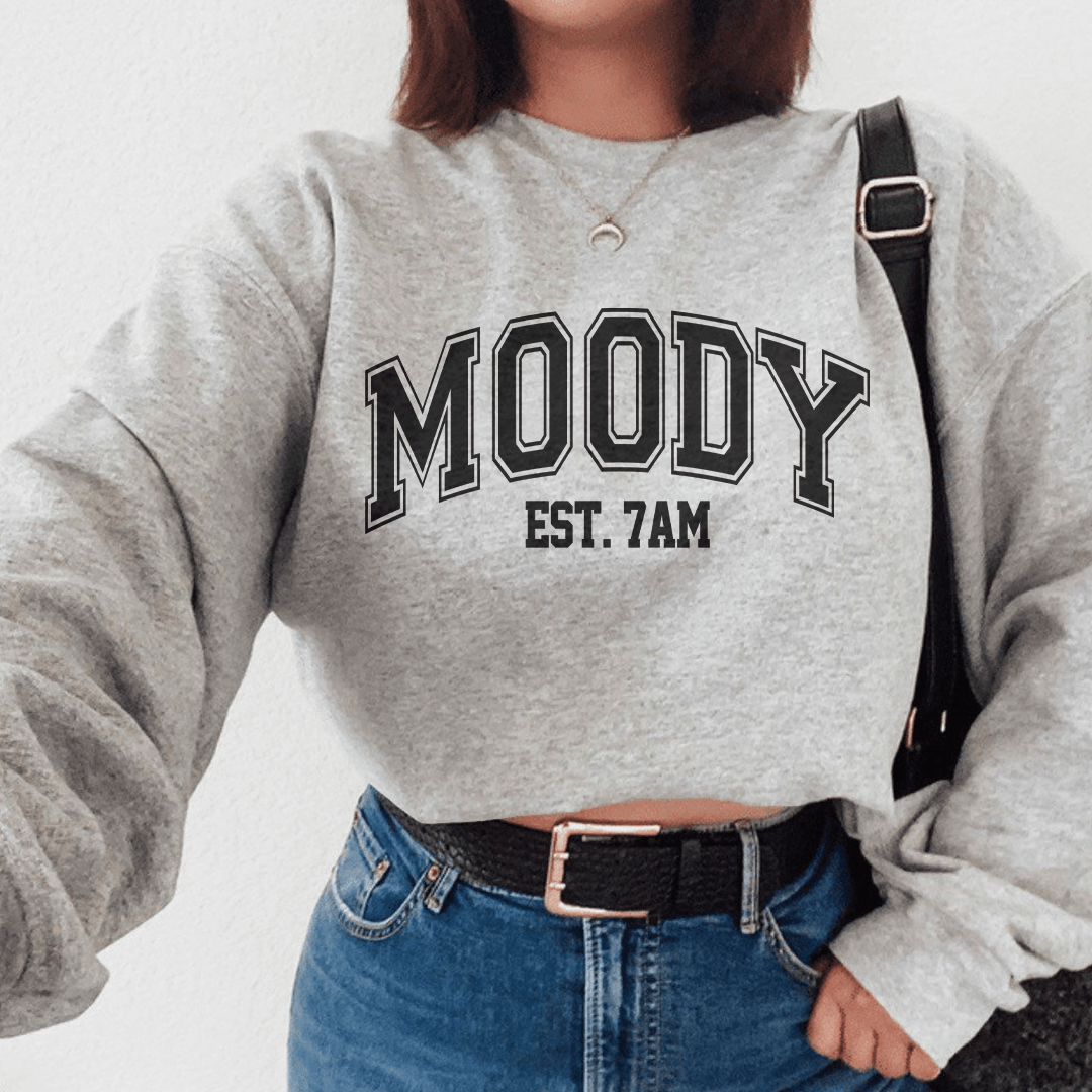 Moody Est. 7am sweats featuring unique designs by top artists, made from soft cotton/poly fleece blend.