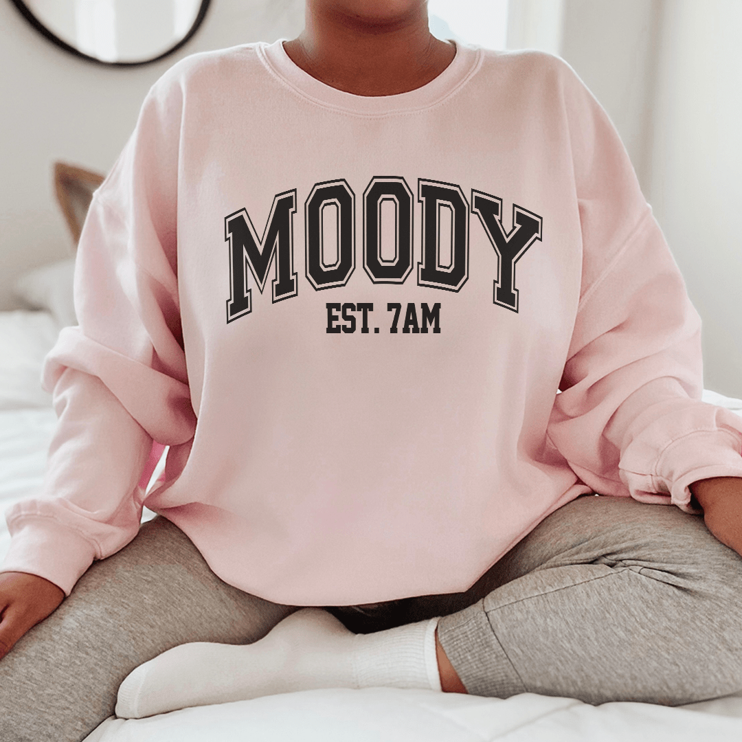 Moody Est. 7am sweats featuring unique designs by top artists, made from soft cotton/poly fleece blend.