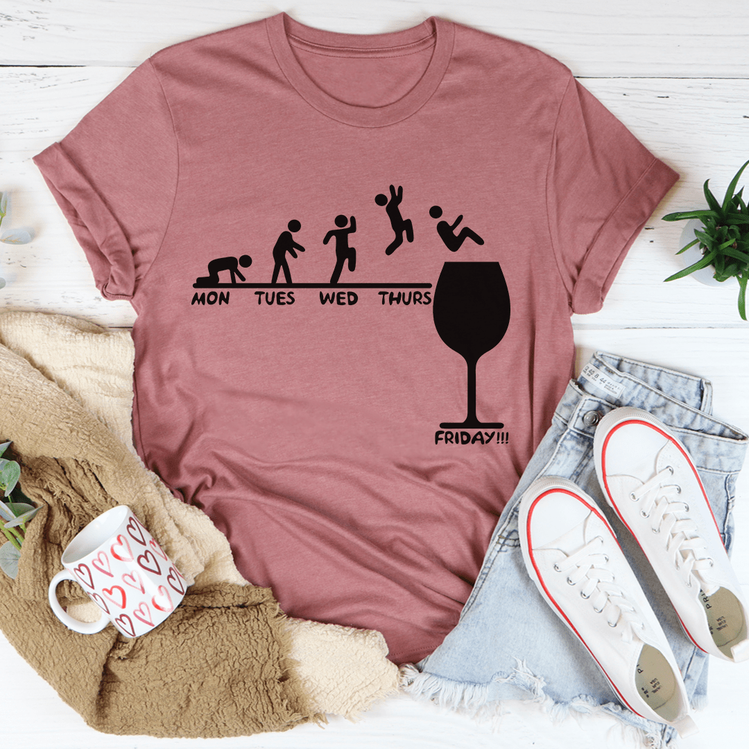 A stylish Monday to Friday Wine Tee made of soft ring-spun cotton, featuring a comfortable fit and durable double stitching.