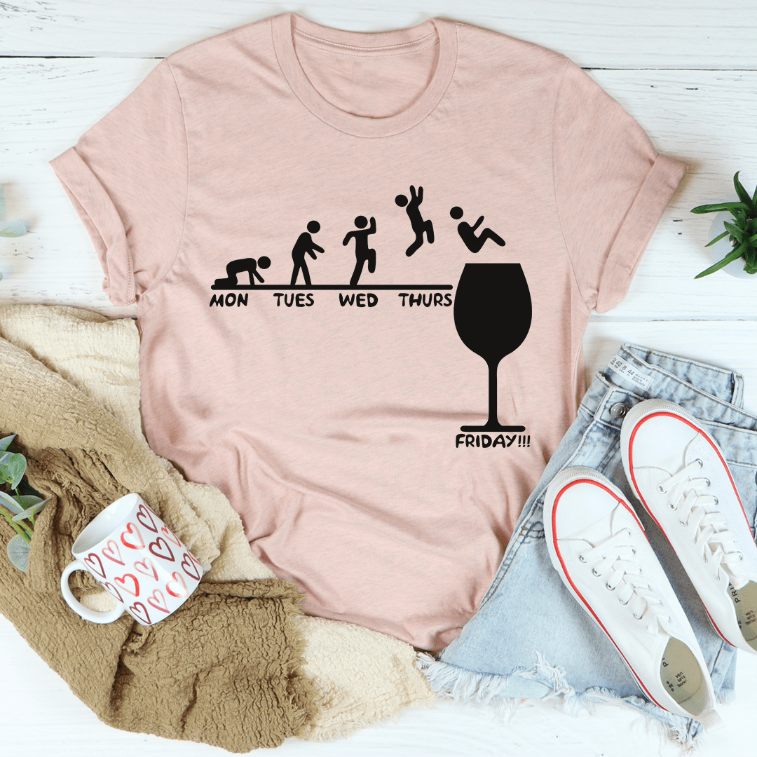 A stylish Monday to Friday Wine Tee made of soft ring-spun cotton, featuring a comfortable fit and durable double stitching.