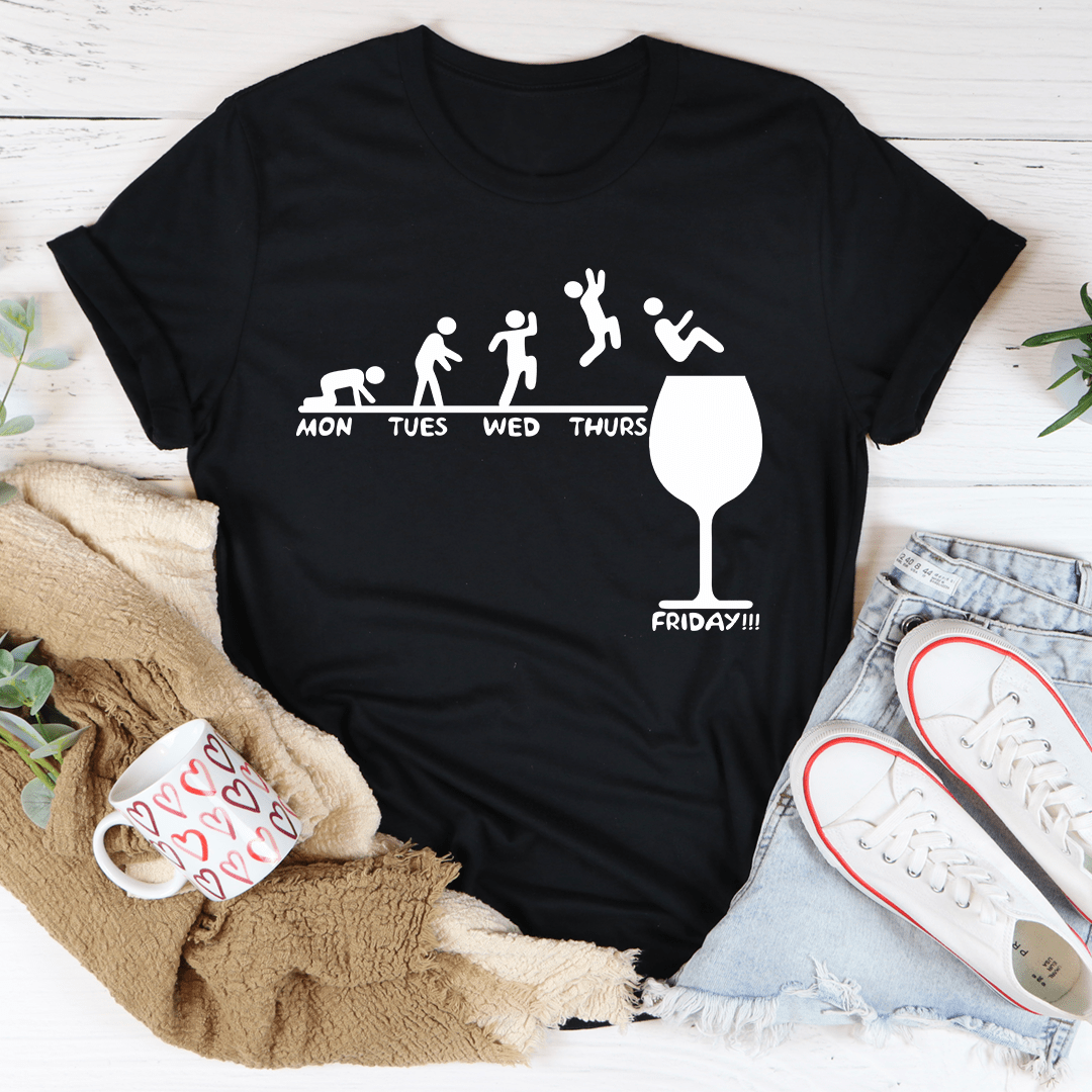 A stylish Monday to Friday Wine Tee made of soft ring-spun cotton, featuring a comfortable fit and durable double stitching.