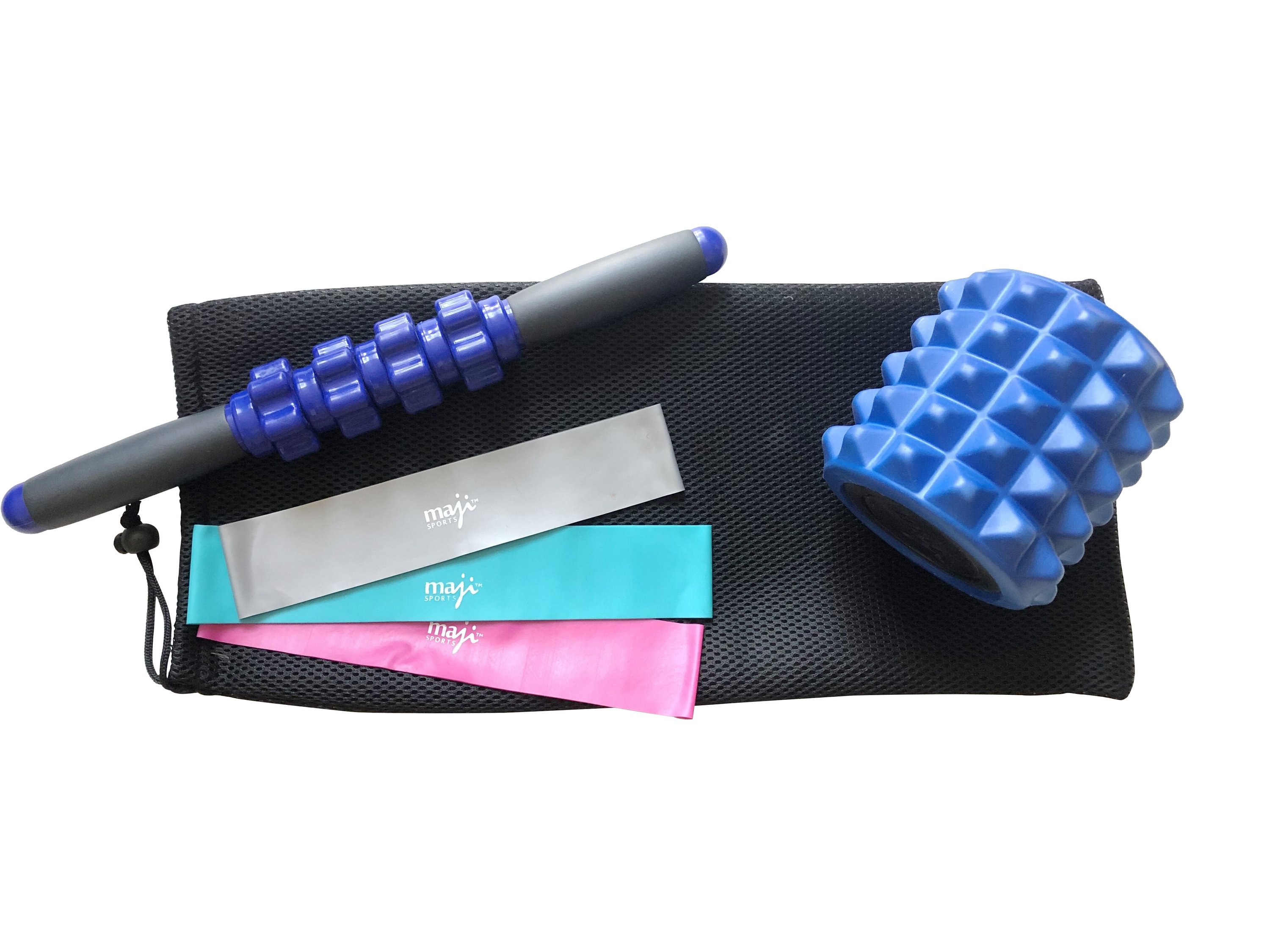 Muscle Recovery & 3 Pack Resistance Band Bundle featuring a mini foam roller, deep tissue roller stick, and three resistance bands in vibrant colors.