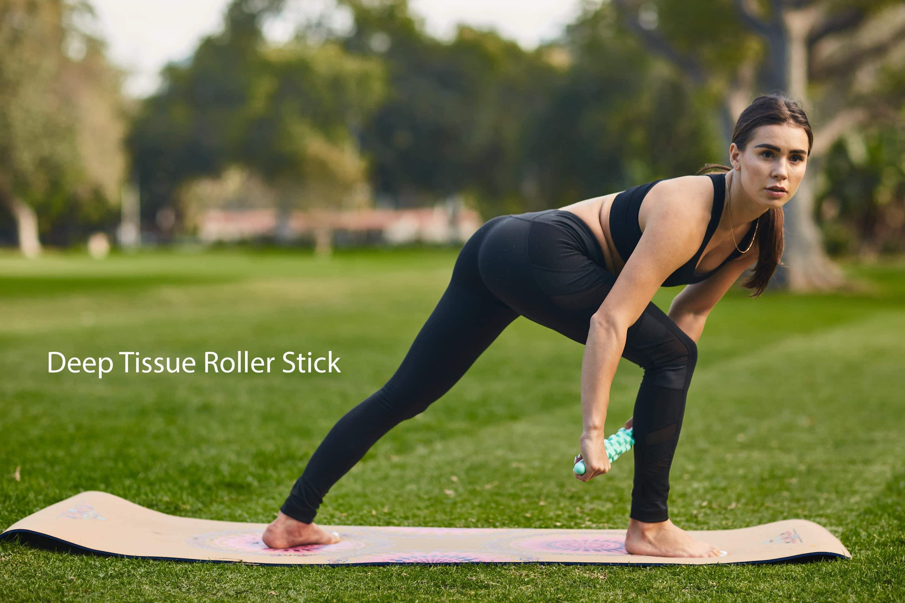 Muscle Recovery & 3 Pack Resistance Band Bundle featuring a mini foam roller, deep tissue roller stick, and three resistance bands in vibrant colors.